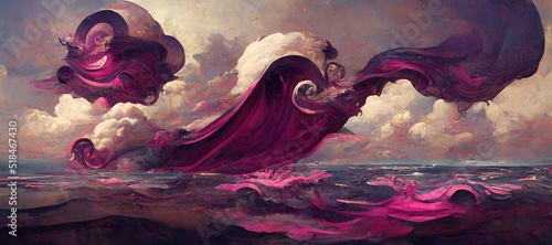 Fotografia Dark magenta silk fabric fluttering and wind blown, carried away by renaissance inspired fantasy art style clouds over the ocean