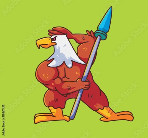 cartoon eagle warrior holding spear. Isolated animal illustration. Flat Style Sticker Icon Premium vector