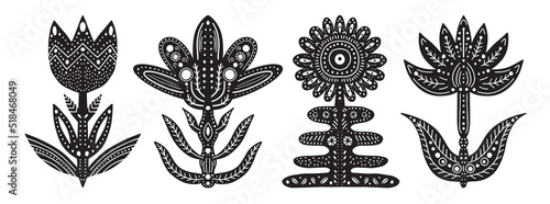 Flowers linocut in scandinavia boho style set isolated