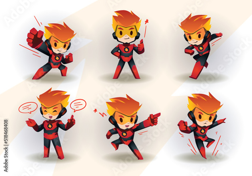 Red black flame little Super Hero Boy Mascot Character Set	