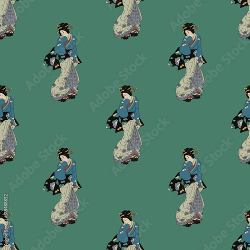 Seamless ethnic pattern with Japanese women. Traditional style. On green background.