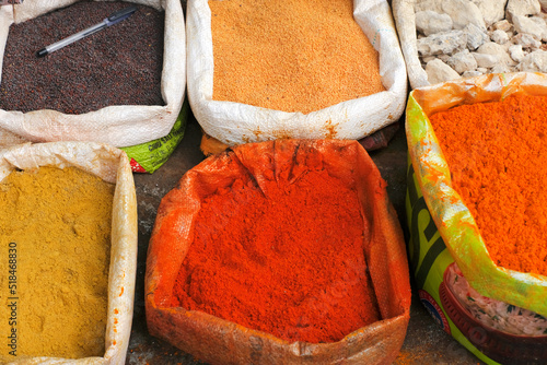 Indian colorful spices at Bagdogra Local market in West Bengal, India. photo