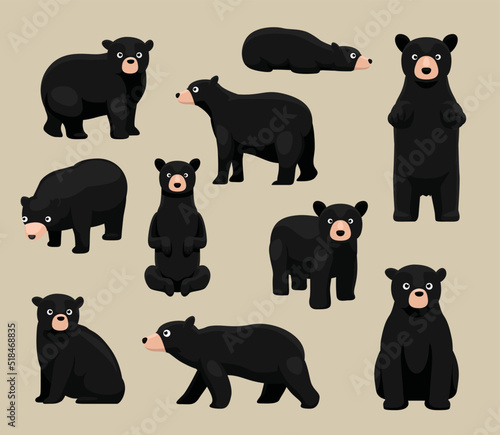 Canvastavla Animal Black Bear Poses Cute Cartoon Vector Illustration