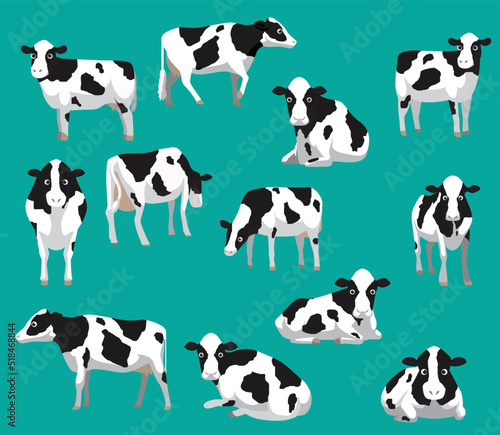 Animal Farm Cow Holstein Friesian Poses Cute Cartoon Vector Illustration