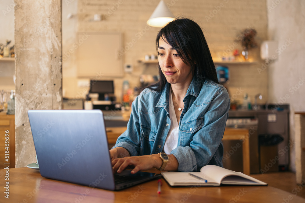 Freelance woman Working Alone In Coffee House Freelance woman Working Alone In Coffee House