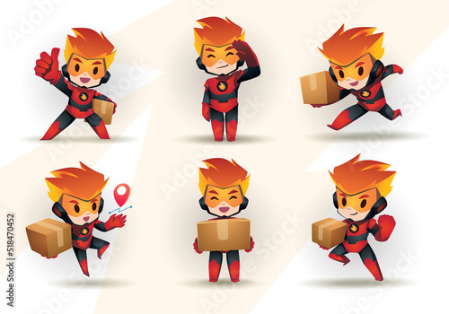 Red black flame little Super Hero Boy Mascot Character Set	 delivery package