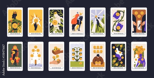 Suit of Coins in occult tarot cards deck. Minor arcanas designs set with Ace, Knight, King, Queen, Page of Pentacles signs and symbols in modern style. Isolated colored flat vector illustrations