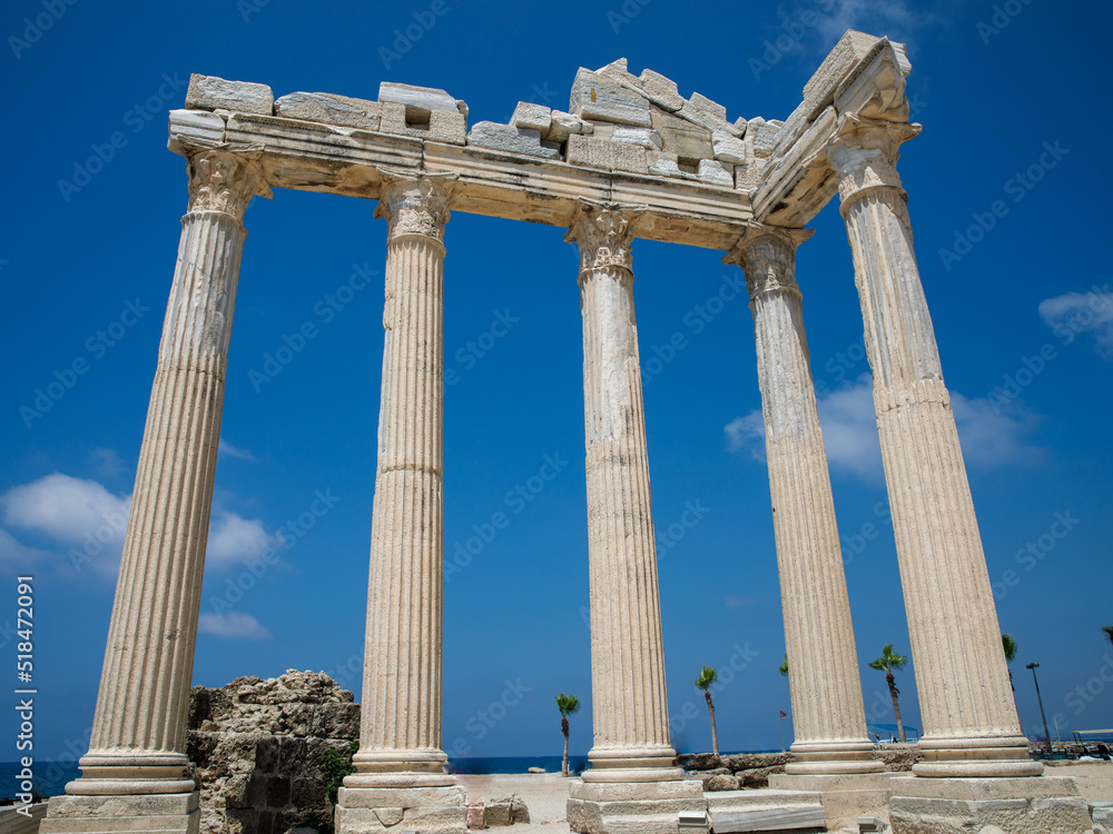 Ruins of the Temple of Apollo in old town of Side at beautiful summer day, Antalya, Turkey. Close up