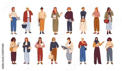 Modern business women set. Diverse businesswomen stand with mobile phones, laptop computers, notebooks, planners. Female office workers. Flat graphic vector illustrations isolated on white background