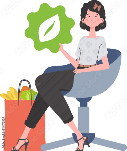 A girl sits next to a bag of healthy food and redirects the EKO icon. Isolated. Trend style, vector illustration.