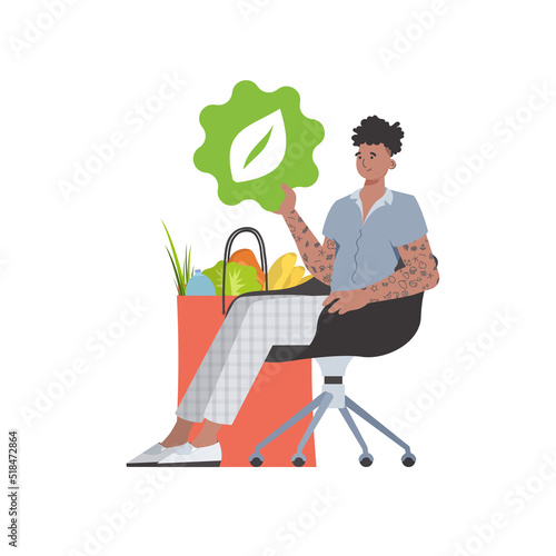 The guy sits next to a bag of healthy food and reposts the EKO icon. Isolated. Trend style, vector illustration.