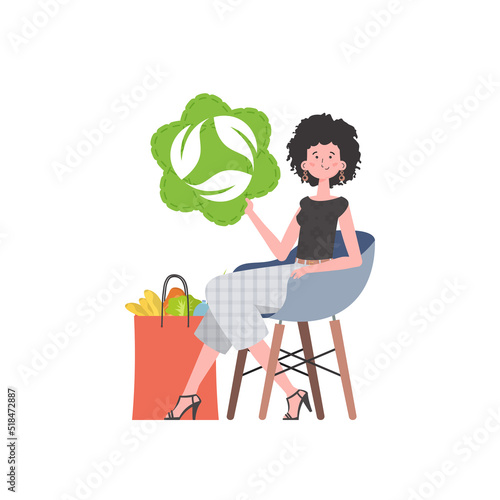 A girl sits next to a bag of healthy food and redirects the EKO icon. Isolated. Trend vector illustration.