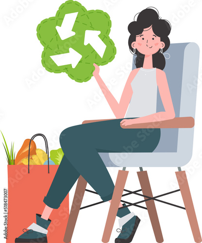 A woman sits next to a package of healthy food and redirects the EKO icon. Isolated. Trend style, vector illustration.