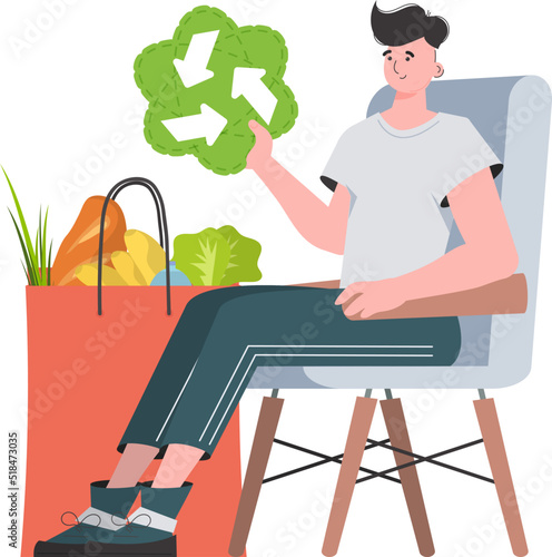 The guy sits next to a bag of healthy food and reposts the EKO icon. Isolated on white background. Trend style, vector illustration.