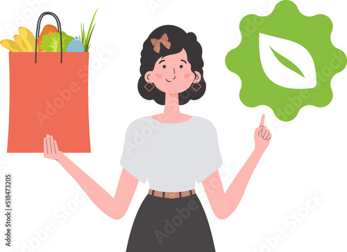 The woman is shown waist-deep and holding a bag of healthy food in her hands and showing the EKO icon. Isolated on white background. Flat trendy style. Vector.