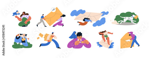 E-mail, messenger service concept. Characters send, receive, deliver paper letters, emails, messages, spam, newsletters in envelopes. Flat graphic vector illustrations isolated on white background