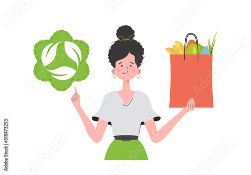 The girl is depicted waist-deep and holds a bag of healthy food in her hands and shows the EKO icon. Isolated. Trend vector illustration.