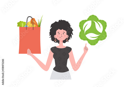 The girl is depicted waist-deep and holds a bag of healthy food in her hands and shows the EKO icon. Isolated. Flat trendy style. Vector.
