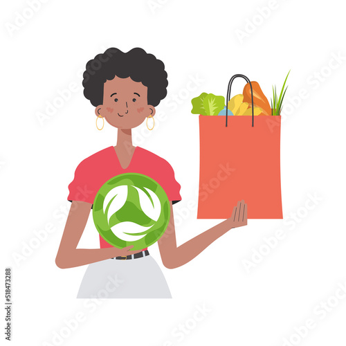 The girl is depicted waist-deep and holds a bag of healthy food in her hands and shows the EKO icon. Isolated on white background. Trend style, vector illustration.
