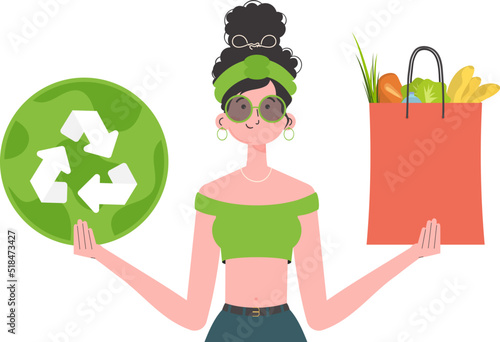 The woman is shown waist-deep and holding a bag of healthy food in her hands and showing the EKO icon. Isolated on white background. Trend style, vector illustration.