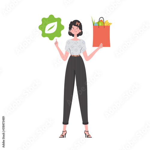 The woman is depicted in full growth and holds a bag of healthy food in her hands and shows the EKO icon. Isolated on white background. Trend vector illustration.