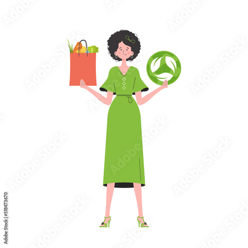 The girl is depicted in full growth and holds a bag of healthy food in her hands and shows the EKO icon. Isolated on white background. Trend style, vector illustration.
