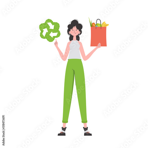 The woman is depicted in full growth and holds a bag of healthy food in her hands and shows the EKO icon. Isolated. Trend style, vector illustration.