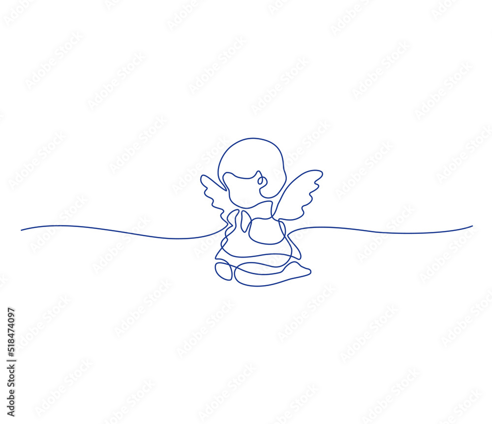 Angel. Continuous line art drawing. Vector illustration for interior, t shirt print, stamp, engraving, packaging, card. Angel. Continuous line art drawing. Vector illustration for interior, t shirt print, stamp, engraving, packaging, card.