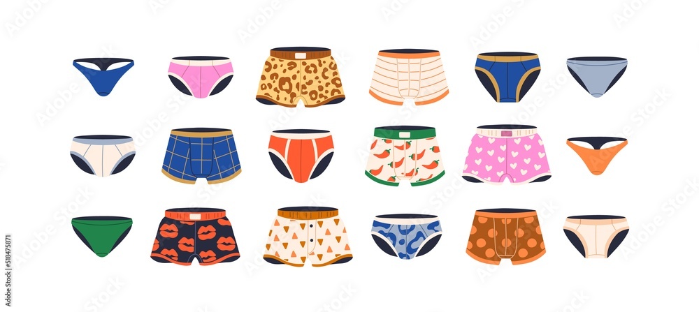 Vetor de Men underwear set. Male underpants, trunks, panties of different  types, shapes. Boxers, briefs, thongs pants models. Modern underclothing.  Flat vector illustrations isolated on white background do Stock