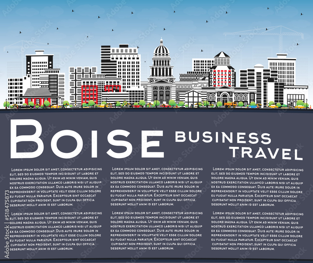 Boise Idaho City Skyline with Color Buildings, Blue Sky and Copy Space.