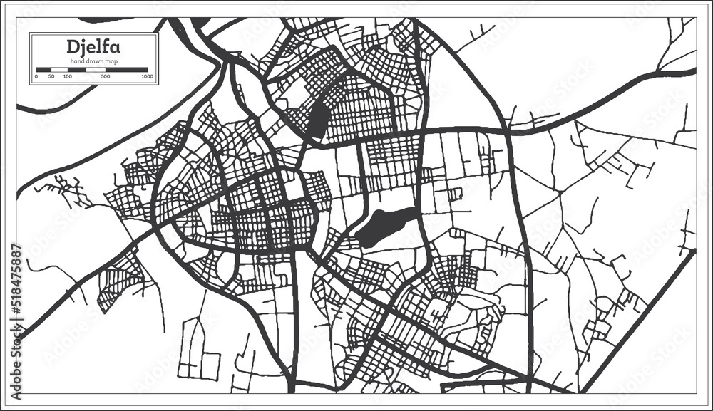 Djelfa Algeria City Map in Retro Style in Black and White Color. Outline Map.