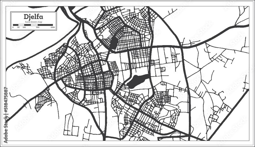 Obraz premium Djelfa Algeria City Map in Retro Style in Black and White Color. Outline Map.