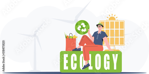 A man sits next to a package of proper food and holds an EKO icon. Ecology and green planet concept. Flat trendy style. Vector.