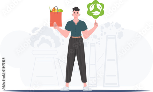 A full-length man is shown holding an EKO icon and a package of proper nutrition. The concept of ecology, zero waste and healthy eating. Trend vector illustration.