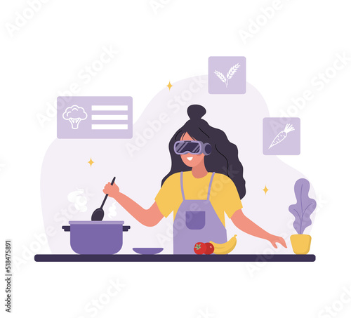 Woman in VR glasses cooking in metaverse. Cyberspace concept. Virtual reality simulator. Modern technology entertainment. Vector illustration in flat cartoon style.