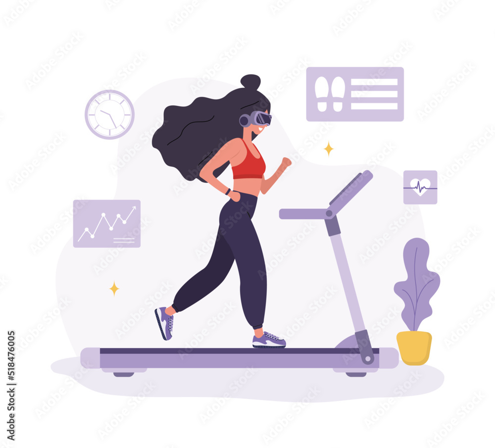 Metaverse sport. Woman in VR glasses running on treadmill. Workout and fitness. Cyberspace or Virtual reality concept. Modern technology for health. Vector illustration in flat cartoon style. Metaverse sport. Woman in VR glasses running on treadmill. Workout and fitness. Cyberspace or Virtual reality concept. Modern technology for health. Vector illustration in flat cartoon style.