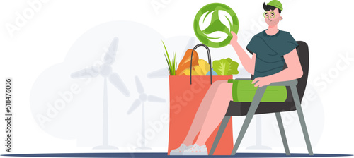 A man sits next to a bag of healthy food and holds an EKO icon. The concept of ecology, zero waste and healthy eating. Flat trendy style. Vector.