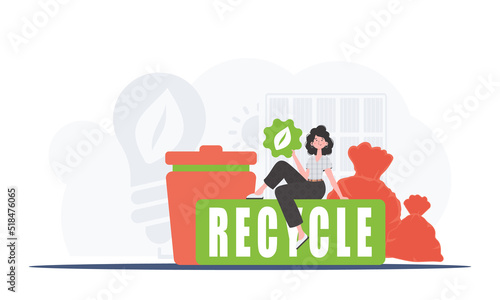 A girl sits next to a package of proper food and holds an EKO icon. Ecology and green planet concept. Trend vector illustration.