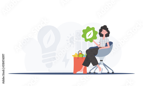 A woman sits next to a package with healthy food and holds an EKO icon. The concept of ecology, zero waste and healthy eating. Flat trendy style. Vector.