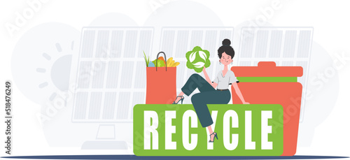 A girl sits next to a package of proper food and holds an EKO icon. Ecology and green planet concept. Flat trendy style. Vector.