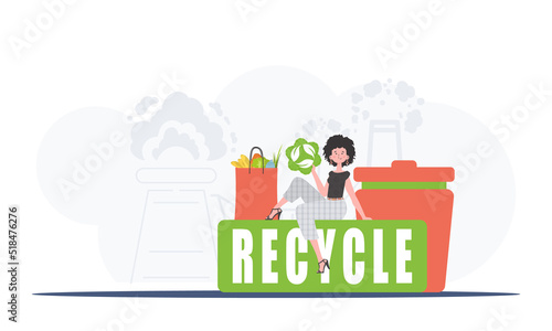 A girl sits next to a package of proper food and holds an EKO icon. The concept of ecology, recycling and green planet. Trend style, vector illustration.