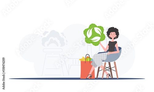 The girl is sitting next to a package with healthy food and holding an EKO icon. Healthy food, ecology, recycling and zero waste concept. Trend vector illustration.