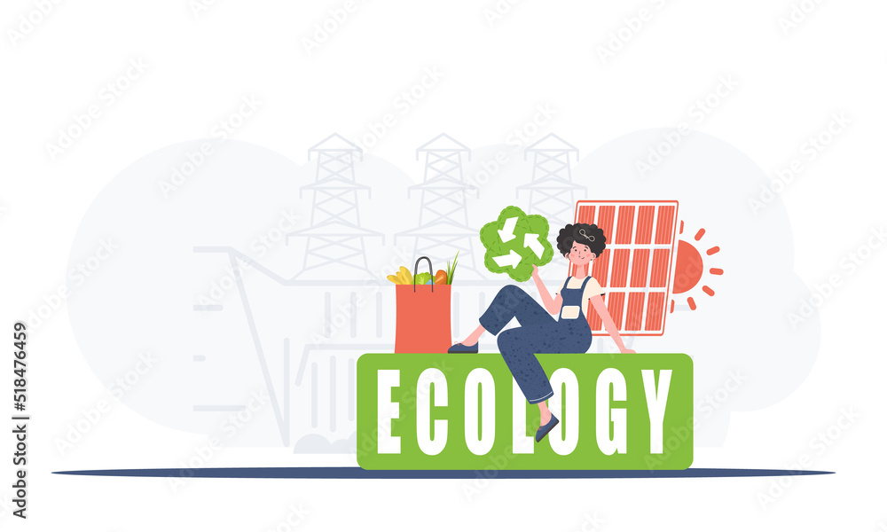 A woman sits next to a package of proper food and holds an EKO icon. Ecology and green planet concept. Trend vector illustration. - obrazy, fototapety, plakaty 