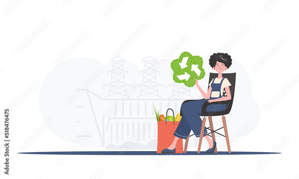 The girl is sitting next to a package with healthy food and holding an EKO icon. The concept of ecology, zero waste and healthy eating. Trend style, vector illustration. The girl is sitting next to a package with healthy food and holding an EKO icon. The concept of ecology, zero waste and healthy eating. Trend style, vector illustration.