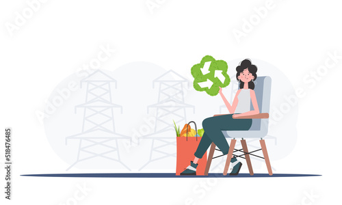 A woman sits next to a package with healthy food and holds an EKO icon. Healthy food, ecology, recycling and zero waste concept. Trend style, vector illustration.