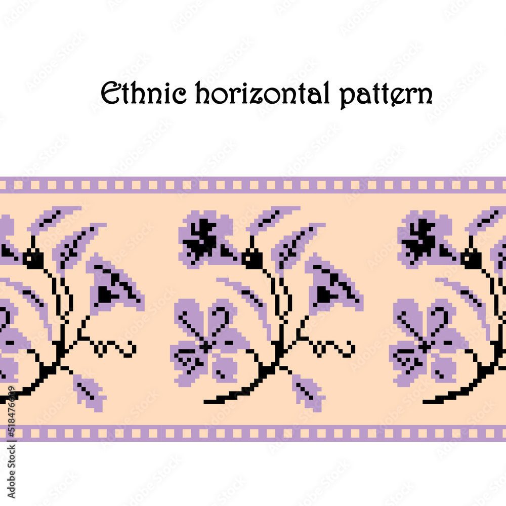 Graphic ethnic pattern with flowers. Pixels art. Ethnic Ukrainian motives. Geometric botanic floral illustration. Retro fashion. Traditional decorative ornament.
