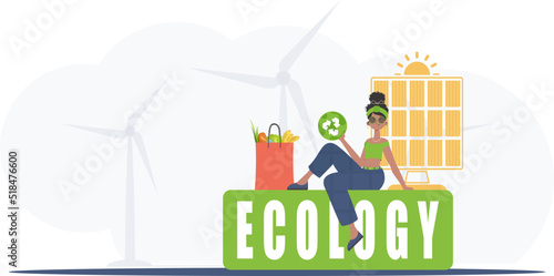A woman sits next to a package of proper food and holds an EKO icon. Ecology and green planet concept. Flat trendy style. Vector.