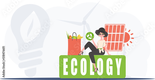 A woman sits next to a package of proper food and holds an EKO icon. The concept of ecology, recycling and green planet. Trend style, vector illustration.