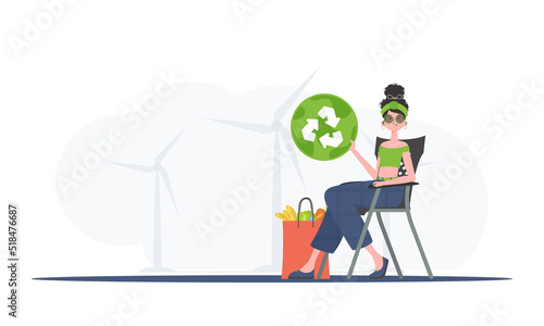 A woman sits next to a package with healthy food and holds an EKO icon. Healthy food, ecology, recycling and zero waste concept. Flat trendy style. Vector.