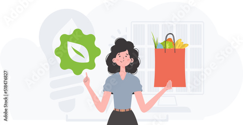 The woman is shown waist-deep holding an EKO icon and a package of proper nutrition. The concept of ecology, zero waste and healthy eating. Trend vector illustration.